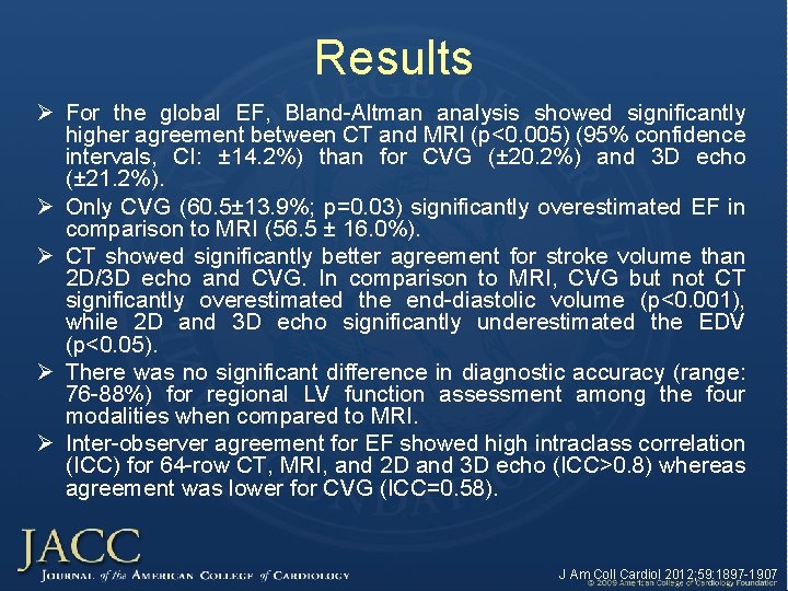 Results Ø For the global EF, Bland-Altman analysis showed significantly higher agreement between CT