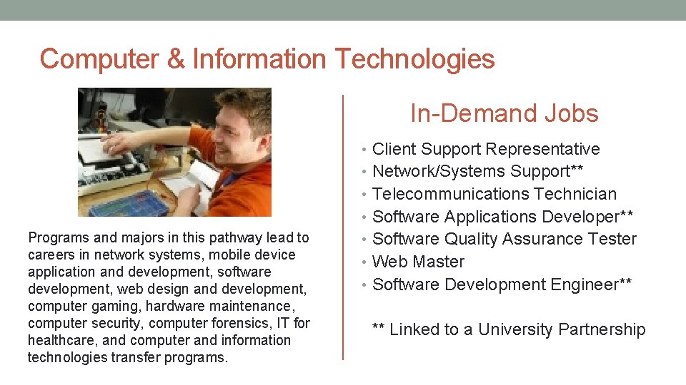 Computer & Information Technologies In-Demand Jobs • Client Support Representative • Network/Systems Support** •