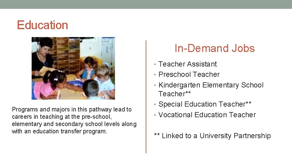 Education In-Demand Jobs • Teacher Assistant • Preschool Teacher • Kindergarten Elementary School Programs
