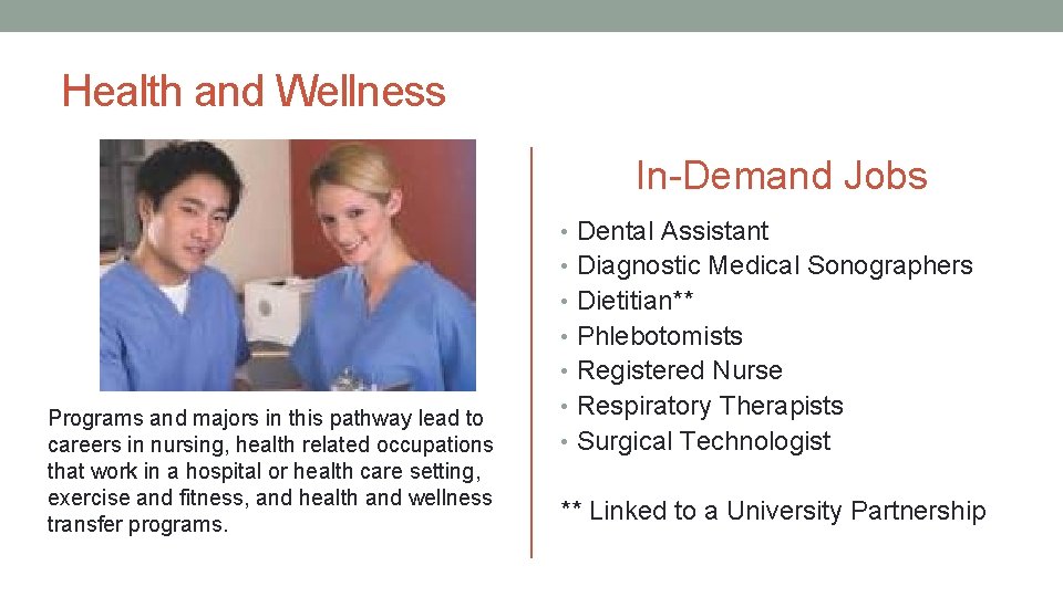 Health and Wellness In-Demand Jobs • Dental Assistant • Diagnostic Medical Sonographers • Dietitian**