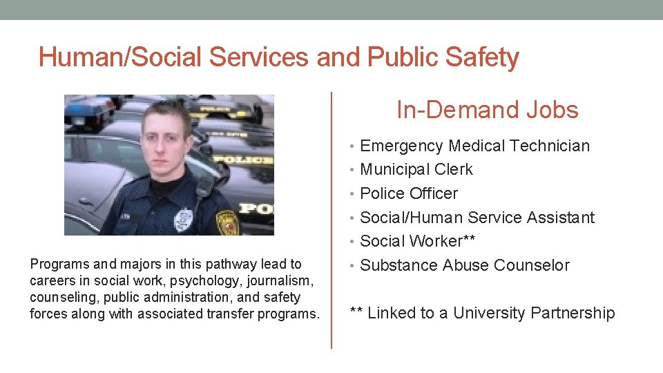 Human/Social Services and Public Safety In-Demand Jobs • Emergency Medical Technician • Municipal Clerk