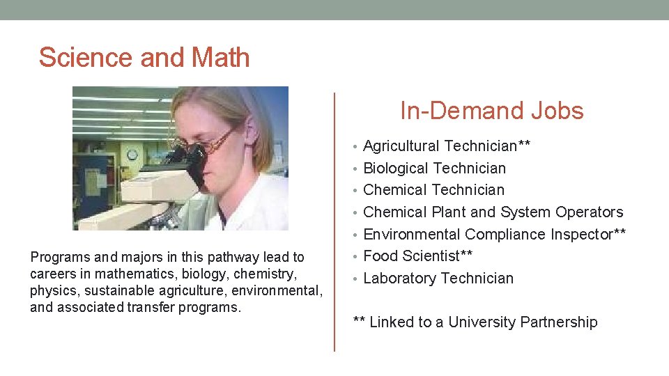 Science and Math In-Demand Jobs • Agricultural Technician** • Biological Technician • Chemical Plant