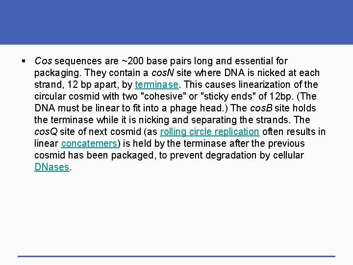 § Cos sequences are ~200 base pairs long and essential for packaging. They contain