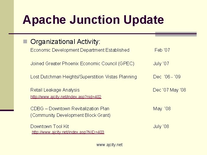 Apache Junction Update n Organizational Activity: Economic Development Department Established Feb ‘ 07 Joined