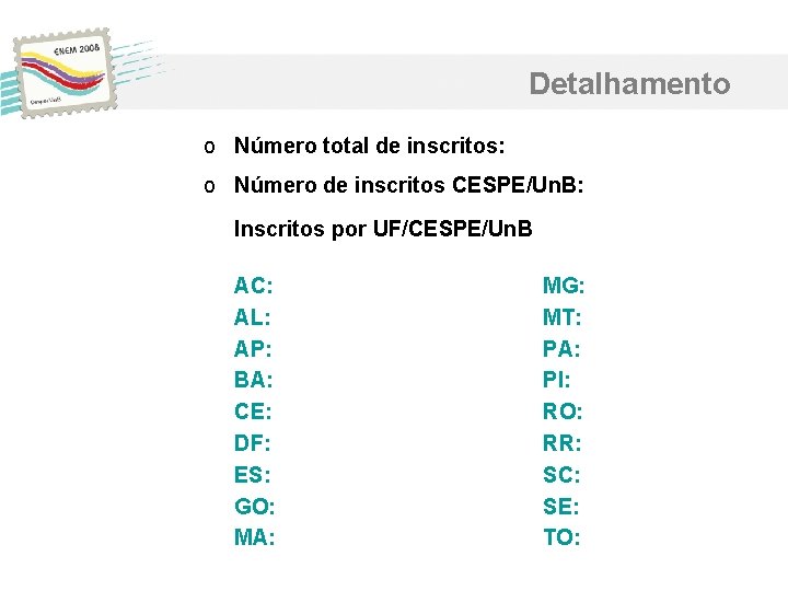 Detalhamento o Número total de inscritos: o Número de inscritos CESPE/Un. B: Inscritos por Detalhamento o Número total de inscritos: o Número de inscritos CESPE/Un. B: Inscritos por