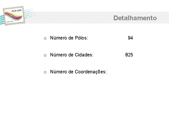 Detalhamento o Número de Pólos: o Número de Cidades: o Número de Coordenações: 94 Detalhamento o Número de Pólos: o Número de Cidades: o Número de Coordenações: 94