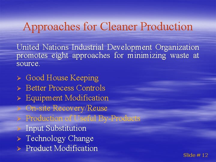 Approaches for Cleaner Production United Nations Industrial Development Organization promotes eight approaches for minimizing