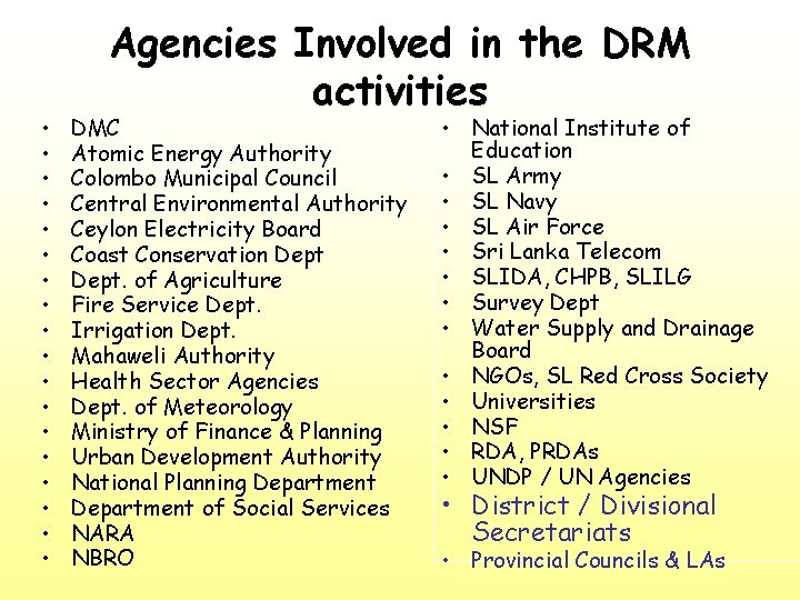  • • • • • Agencies Involved in the DRM activities DMC Atomic