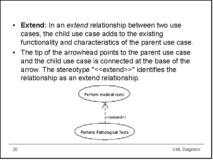  • Extend: In an extend relationship between two use cases, the child use