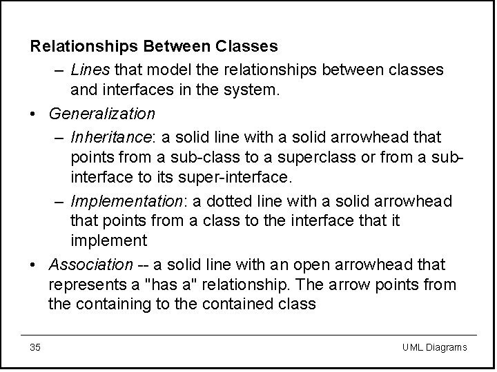 Relationships Between Classes – Lines that model the relationships between classes and interfaces in