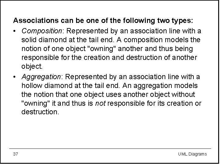 Associations can be one of the following two types: • Composition: Represented by an