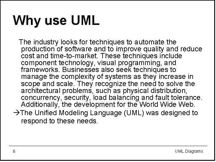 Why use UML The industry looks for techniques to automate the production of software