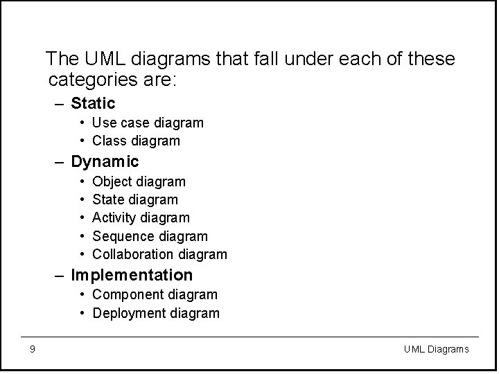  The UML diagrams that fall under each of these categories are: – Static