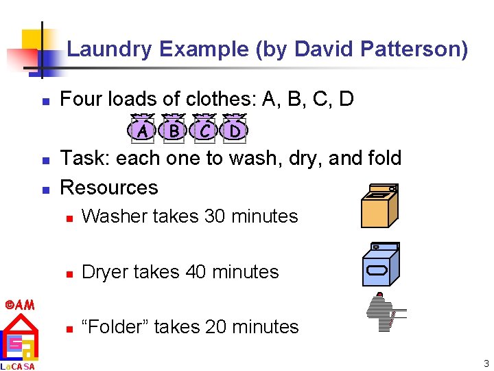 Laundry Example (by David Patterson) n Four loads of clothes: A, B, C, D