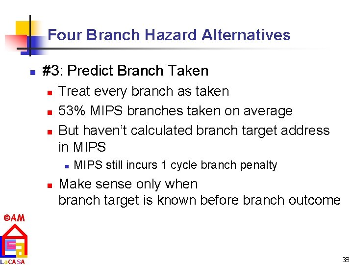 Four Branch Hazard Alternatives n #3: Predict Branch Taken n Treat every branch as