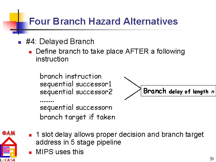 Four Branch Hazard Alternatives n #4: Delayed Branch n Define branch to take place