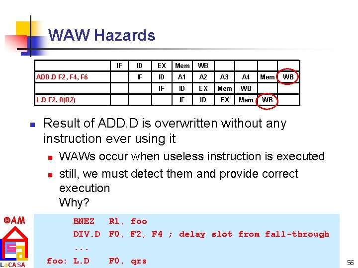 WAW Hazards IF ADD. D F 2, F 4, F 6 ID EX Mem
