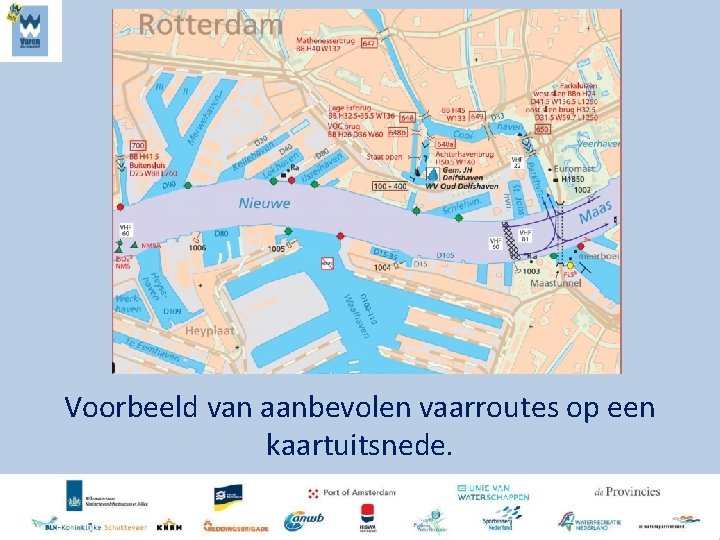 Voorbeeld van aanbevolen vaarroutes op een kaartuitsnede. 