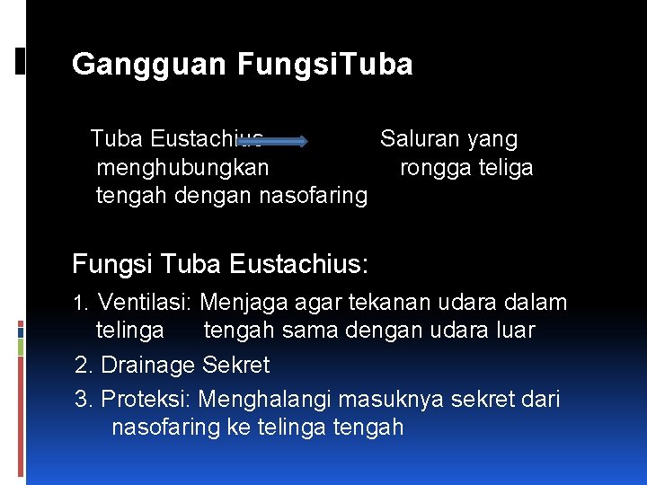 Gangguan Fungsi. Tuba Eustachius Saluran yang menghubungkan rongga teliga tengah dengan nasofaring Fungsi Tuba