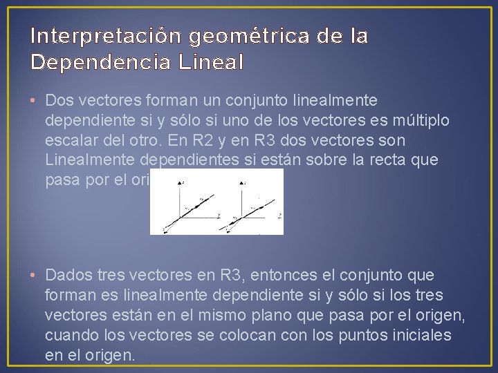 Interpretación geométrica de la Dependencia Lineal • Dos vectores forman un conjunto linealmente dependiente