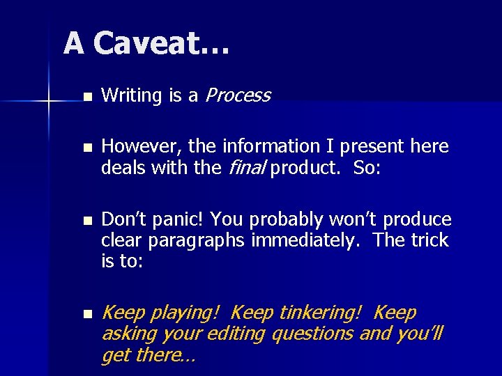 A Caveat… n Writing is a Process n However, the information I present here A Caveat… n Writing is a Process n However, the information I present here