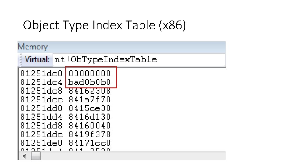 Object Type Index Table (x 86) 