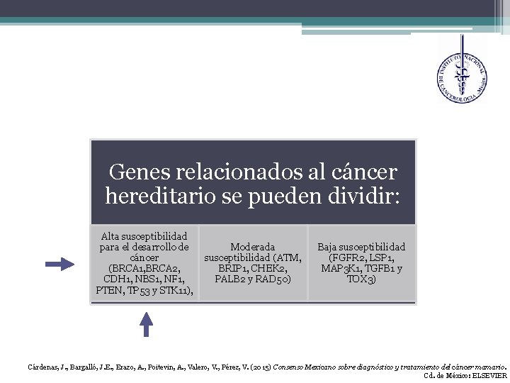 Genes relacionados al cáncer hereditario se pueden dividir: Alta susceptibilidad para el desarrollo de