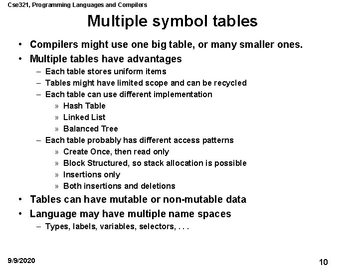 Cse 321, Programming Languages and Compilers Multiple symbol tables • Compilers might use one