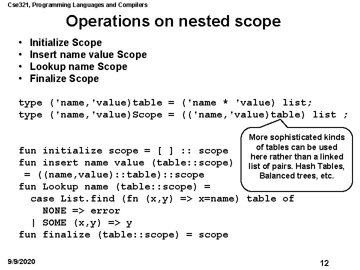 Cse 321, Programming Languages and Compilers Operations on nested scope • • Initialize Scope