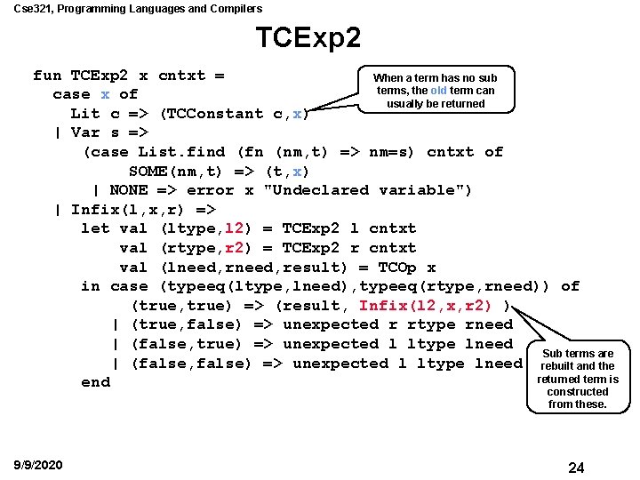 Cse 321, Programming Languages and Compilers TCExp 2 fun TCExp 2 x cntxt =