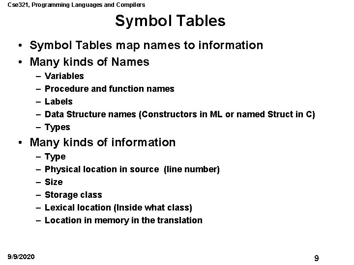 Cse 321, Programming Languages and Compilers Symbol Tables • Symbol Tables map names to