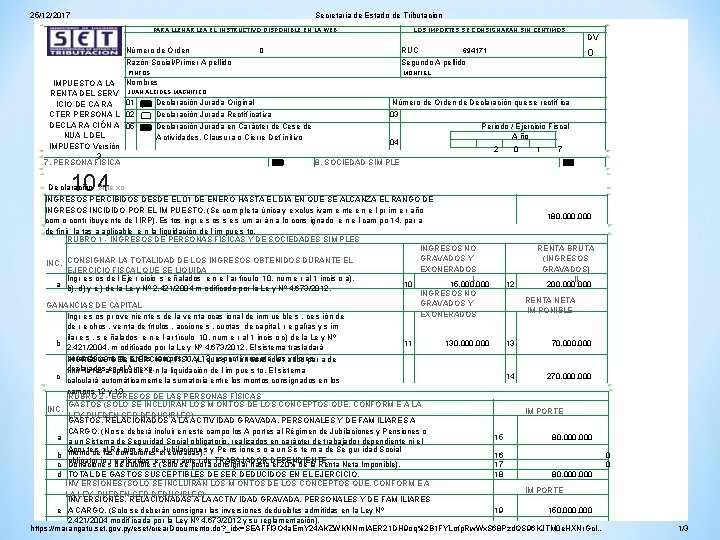 25/12/2017 Secretaria de Estado de Tributacion PARA LLENAR LEA EL INSTRUCTIVO DISPONIBLE EN LA