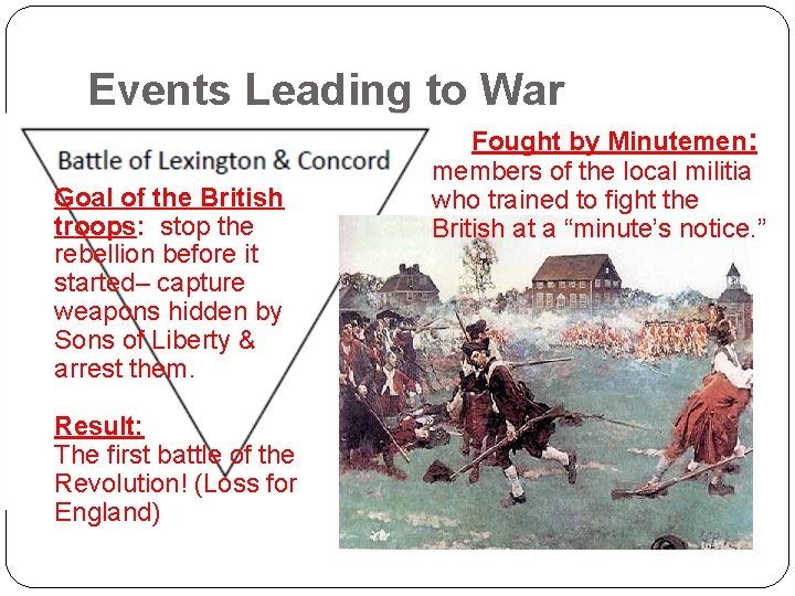 Events Leading to War Goal of the British troops: stop the rebellion before it