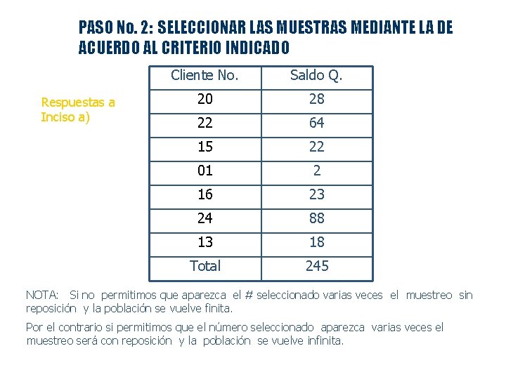 PASO No. 2: SELECCIONAR LAS MUESTRAS MEDIANTE LA DE ACUERDO AL CRITERIO INDICADO Respuestas