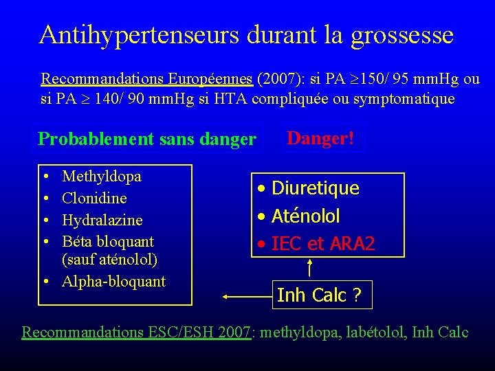 Antihypertenseurs durant la grossesse Recommandations Européennes (2007): si PA 150/ 95 mm. Hg ou