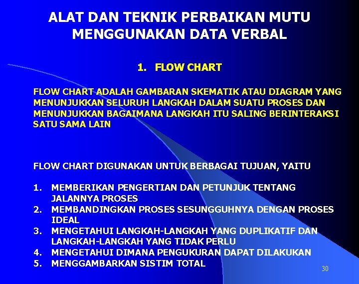 ALAT DAN TEKNIK PERBAIKAN MUTU MENGGUNAKAN DATA VERBAL 1. FLOW CHART ADALAH GAMBARAN SKEMATIK