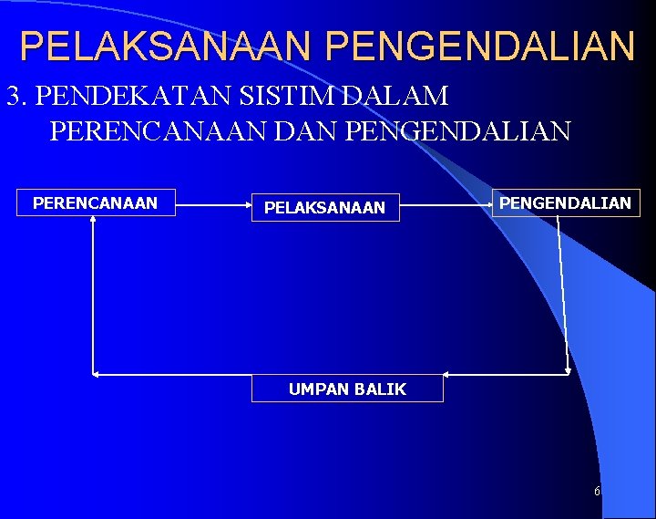 PELAKSANAAN PENGENDALIAN 3. PENDEKATAN SISTIM DALAM PERENCANAAN DAN PENGENDALIAN PERENCANAAN PELAKSANAAN PENGENDALIAN UMPAN BALIK