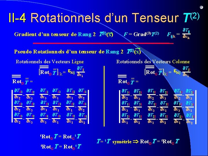 II-4 Rotationnels d’un Tenseur Gradient d’un tenseur de Rang 2 T (2)(x) F= Grad(3)T(2)