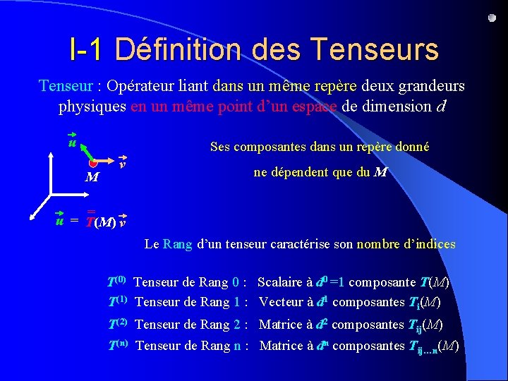 I-1 Définition des Tenseur : Opérateur liant dans un même repère deux grandeurs physiques