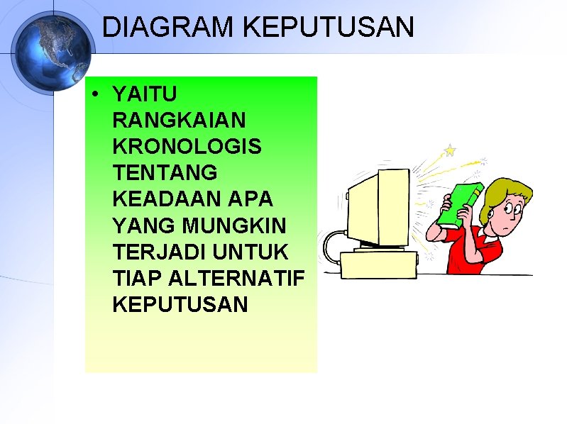 DIAGRAM KEPUTUSAN • YAITU RANGKAIAN KRONOLOGIS TENTANG KEADAAN APA YANG MUNGKIN TERJADI UNTUK TIAP