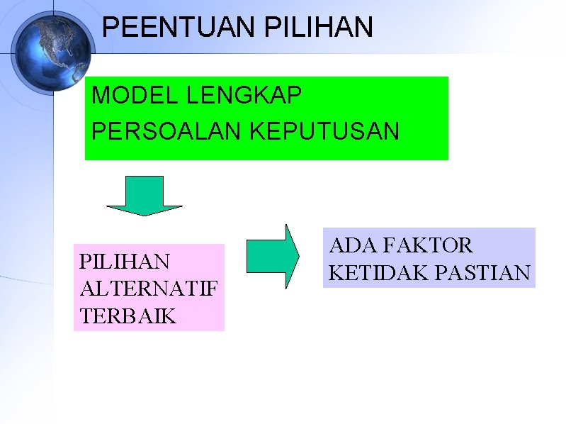 PEENTUAN PILIHAN MODEL LENGKAP PERSOALAN KEPUTUSAN PILIHAN ALTERNATIF TERBAIK ADA FAKTOR KETIDAK PASTIAN 