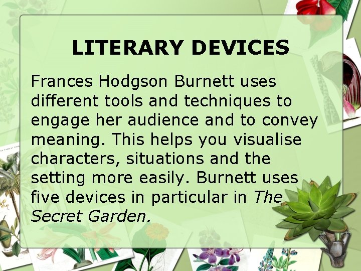 LITERARY DEVICES Frances Hodgson Burnett uses different tools and techniques to engage her audience