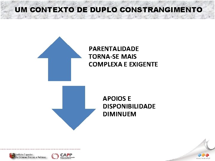 UM CONTEXTO DE DUPLO CONSTRANGIMENTO PARENTALIDADE TORNA-SE MAIS COMPLEXA E EXIGENTE APOIOS E DISPONIBILIDADE