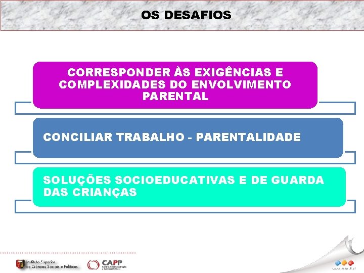 OS DESAFIOS CORRESPONDER ÀS EXIGÊNCIAS E COMPLEXIDADES DO ENVOLVIMENTO PARENTAL CONCILIAR TRABALHO - PARENTALIDADE