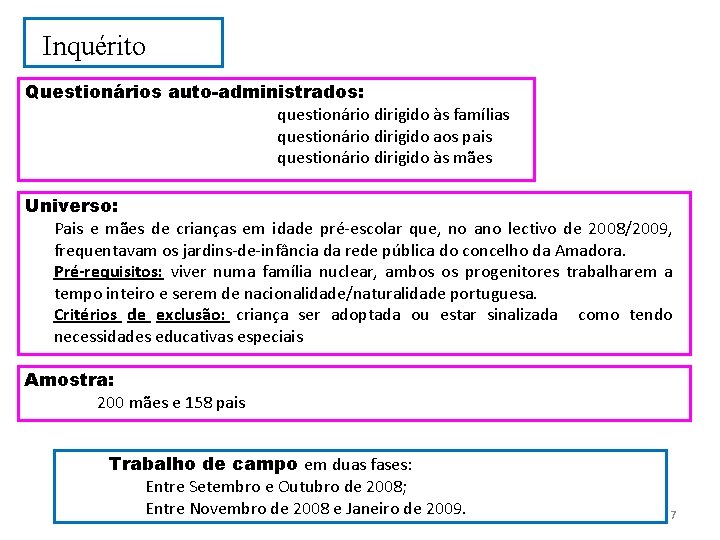 Inquérito Questionários auto-administrados: questionário dirigido às famílias questionário dirigido aos pais questionário dirigido às