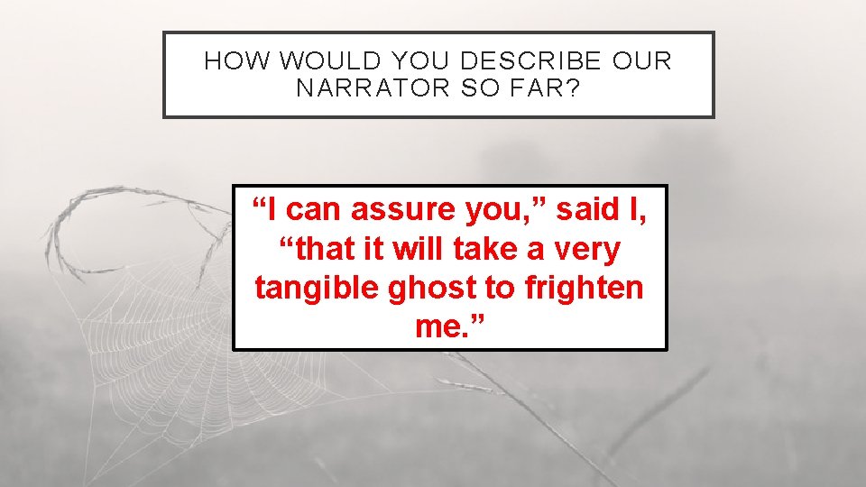 HOW WOULD YOU DESCRIBE OUR NARRATOR SO FAR? “I can assure you, ” said