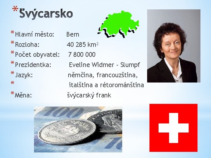 * *Hlavní město: *Rozloha: *Počet obyvatel: *Prezidentka: *Jazyk: * *Měna: Bern 40 285 km²