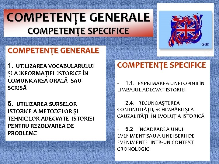 COMPETENŢE GENERALE COMPETENŢE SPECIFICE COMPETENŢE GENERALE 1. UTILIZAREA VOCABULARULUI ŞI A INFORMAŢIEI ISTORICE ÎN