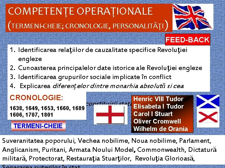 COMPETENŢE OPERAŢIONALE (TERMENI-CHEIE; CRONOLOGIE, PERSONALITĂŢI) FEED-BACK 1. Identificarea relaţiilor de cauzalitate specifice Revoluţiei engleze