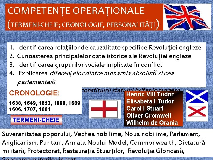 COMPETENŢE OPERAŢIONALE (TERMENI-CHEIE; CRONOLOGIE, PERSONALITĂŢI) 1. 2. 3. 4. Identificarea relaţiilor de cauzalitate specifice